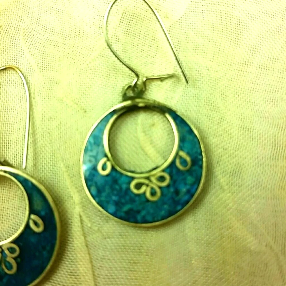 Genuine silver turquoise blue inlay hoop earrings pierced french hook clasp